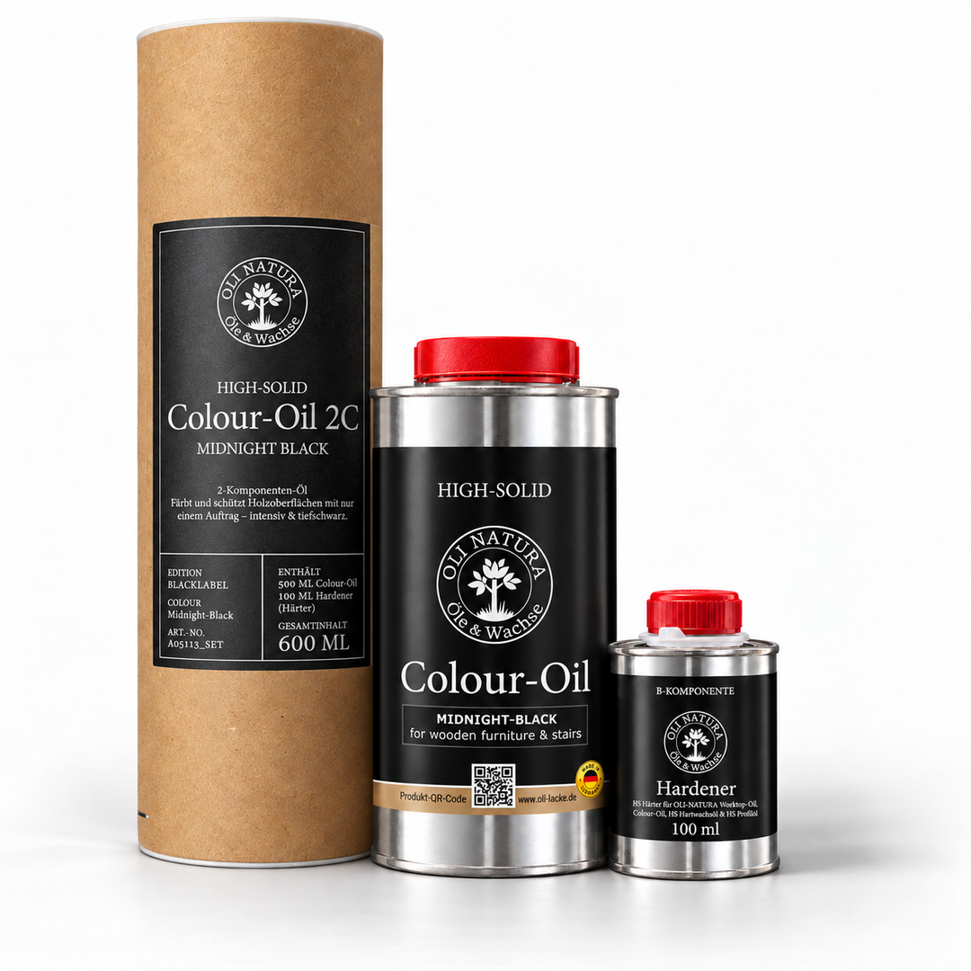 Colour-Oil 2C Midnight-Black Premiumoil BLACKLABEL-Set mit 500 ml Farböl und 100 ml Härter für tiefschwarze Holzoberflächen, mit Rundhülse von OLI-NATURA.