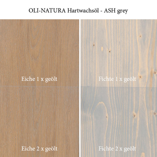 Farbwirkung von OLI-NATURA Hartwachsöl ASH grey auf Eiche und Fichte bei ein- und zweimaligem Auftrag