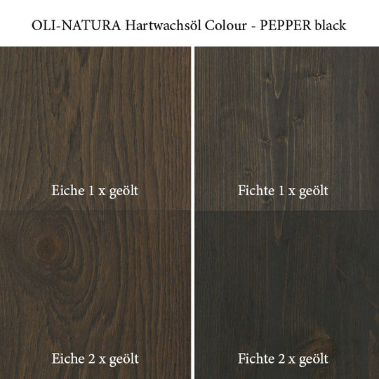 Farbwirkung von OLI-NATURA Hartwachsöl PEPPER black auf Eiche und Fichte bei ein- und zweimaligem Auftrag