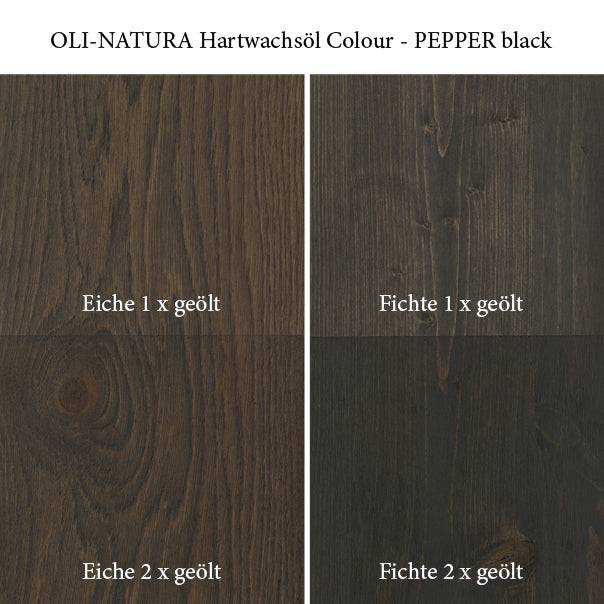 Farbwirkung von OLI-NATURA Hartwachsöl PEPPER black auf Eiche und Fichte bei ein- und zweimaligem Auftrag