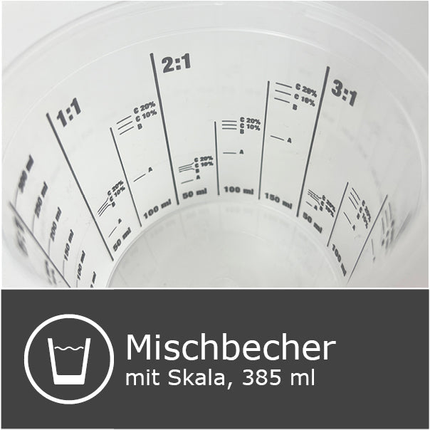 Mischbecher mit Scala für Mischungsverhältnisse von 1:1 bis 5:1