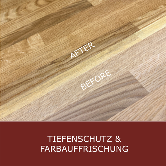 Das OLI-NATURA Pflegeöl frischt die natürliche Holzfarbe wieder auf und erneuert die Schutzwirkung.