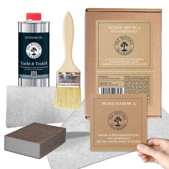 OLI-NATURA Pflege-Set No. 5	Praktisches Komplettset: Das 6teilige Pflege-Set No.5 enthält alle Utensilien für den perfekten Schutz und die Pflege von Außenholzmöbel, Gartentisch, Gartenbank, Gartenliege, Gartenstühle und mehr