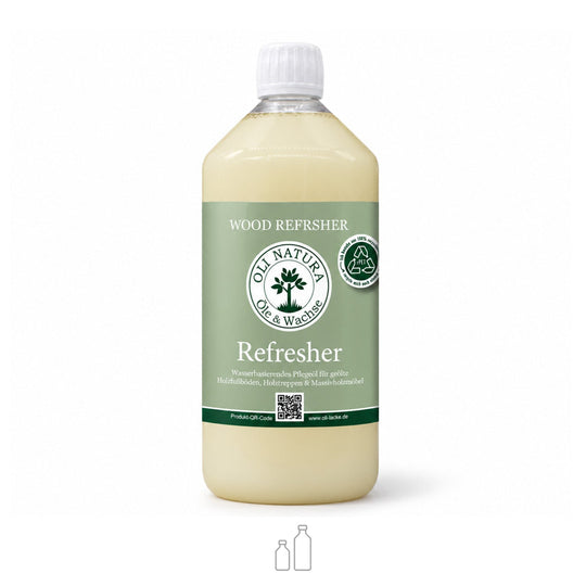 Refresher Pflegeöl für geöltes Holz in der 1-Liter-rPET-Flasche mit grünem Etikett von OLI-NATURA.
