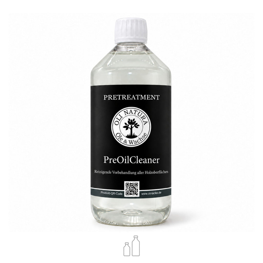OLI NATURA® PreOilCleaner in der transparenten 1-Liter-Flasche mit schwarzem Etikett zur Holzvorbehandlung vor dem Ölen