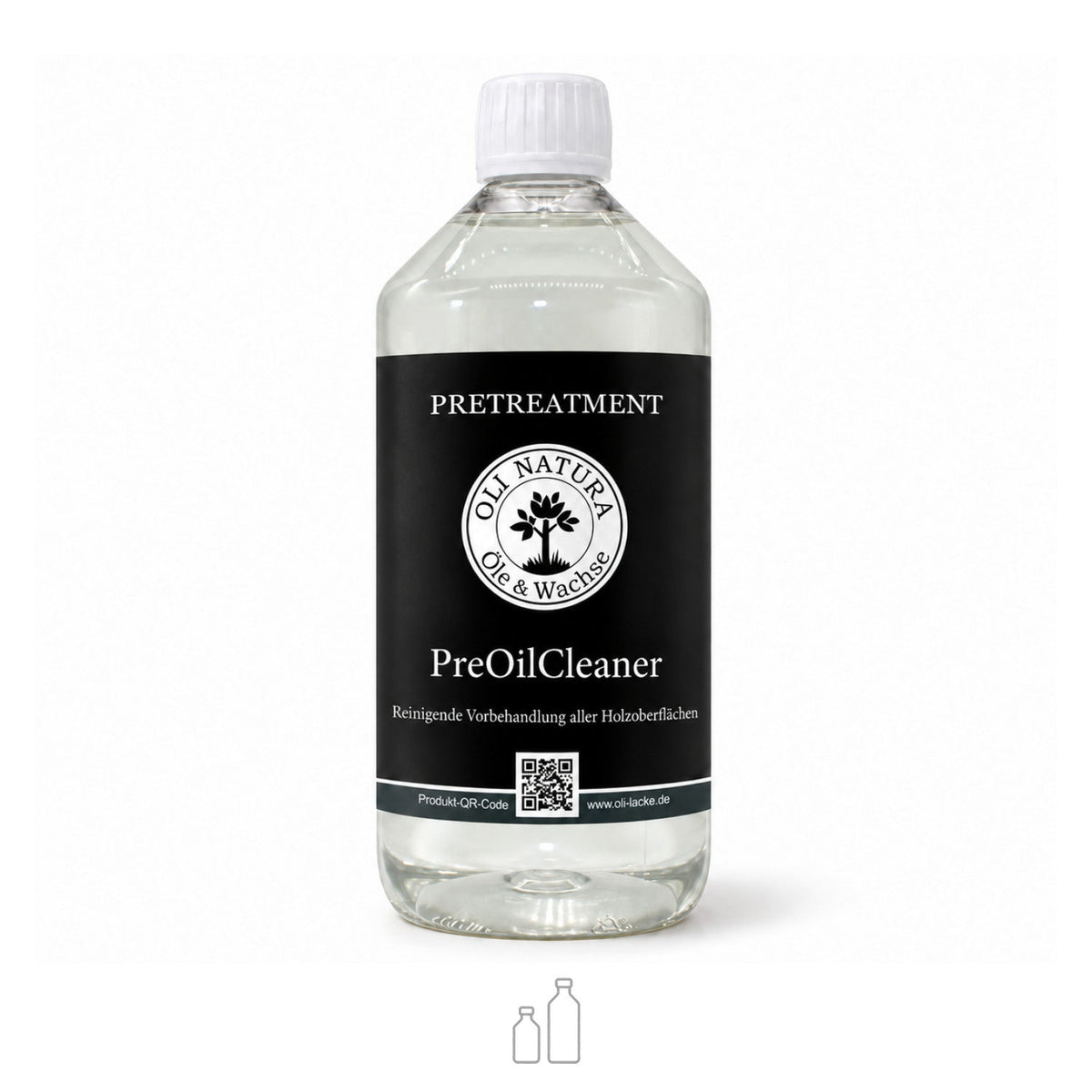 OLI NATURA® PreOilCleaner in der transparenten 1-Liter-Flasche mit schwarzem Etikett zur Holzvorbehandlung vor dem Ölen