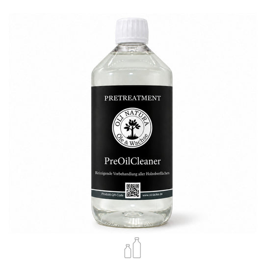 OLI NATURA® PreOilCleaner in der transparenten 1-Liter-Flasche mit schwarzem Etikett zur Holzvorbehandlung vor dem Ölen