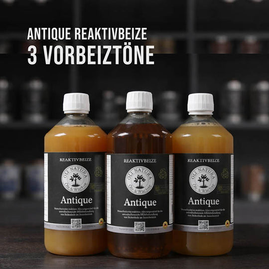 Drei Vorbeiztöne für unterschiedliche Alterungseffekte auf Eiche.