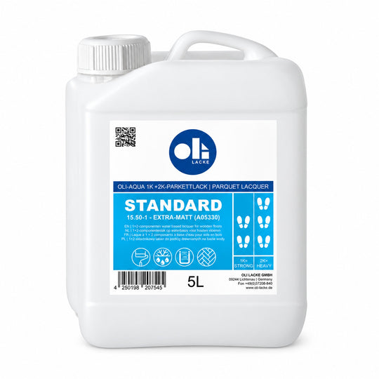 OLI-AQUA STANDARD 15.50 Parkettlack Extramatt im 5-Liter-Kanister, als 1K oder mit optionalem Härter als 2K verarbeitbar
