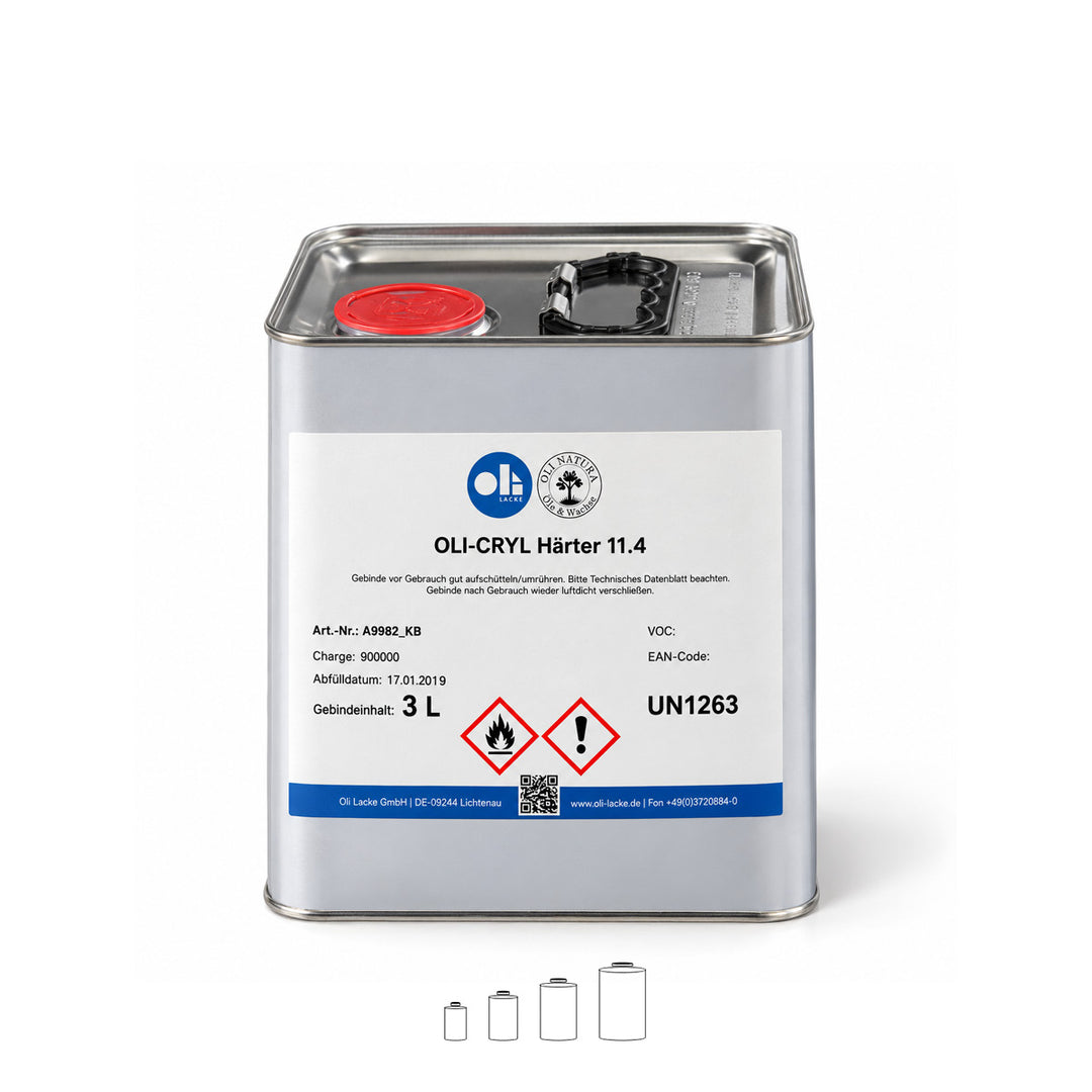 OLI-CRYL Härter 11.4 im 3-Liter-Metallkanister mit rotem Verschluss.