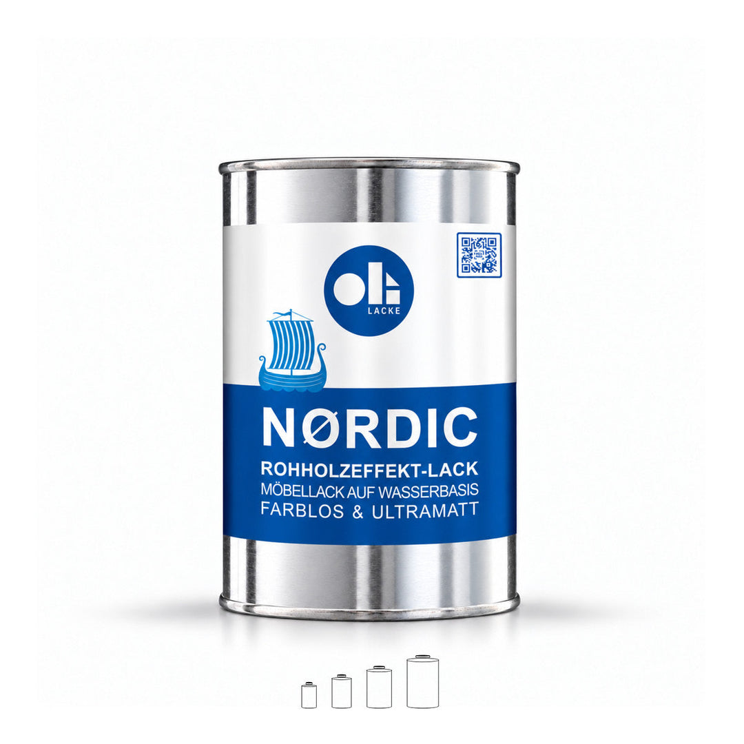 OLI LACKE NORDIC Rohholzeffekt-Lack, farblos und ultramatt, im 1-Liter-Weißblechgebinde vor weißem Hintergrund