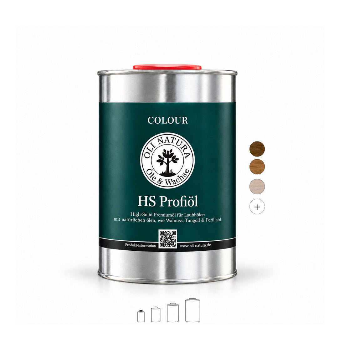 OLI-NATURA COLOUR HS Profiöl im 1-Liter-Metallgebinde mit grünem Etikett und rotem Verschluss auf weißem Hintergrund.