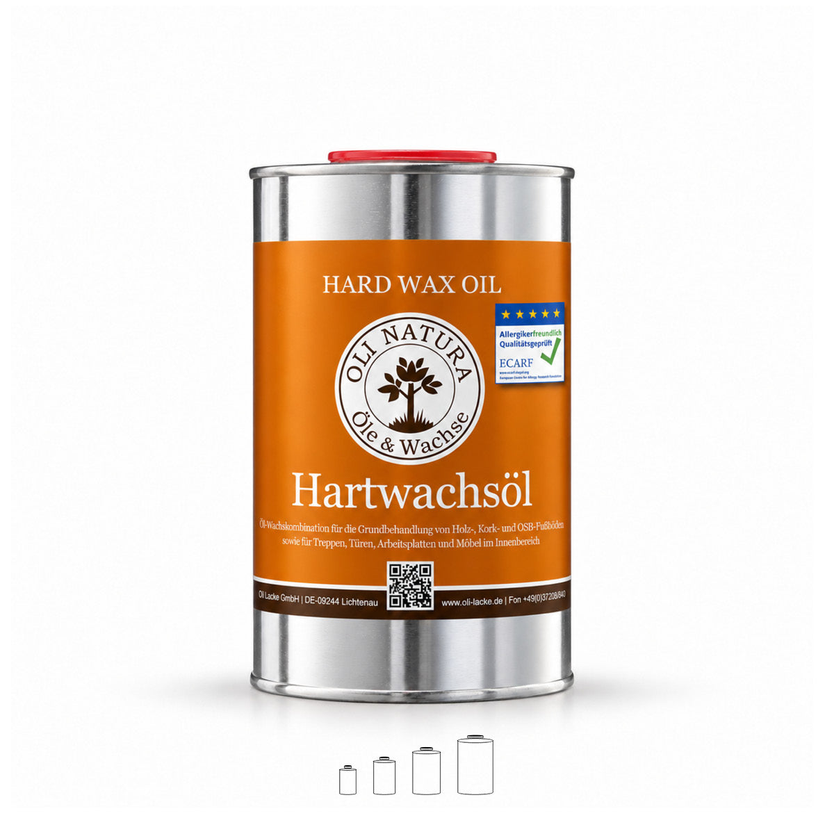 OLI NATURA® Hartwachsöl im 1-Liter-Metallgebinde mit orangefarbenem Etikett und ECARF-Siegel, freigestellt.