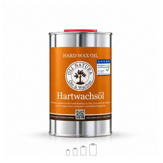 OLI NATURA® Hartwachsöl im 1-Liter-Metallgebinde mit orangefarbenem Etikett und ECARF-Siegel, freigestellt.