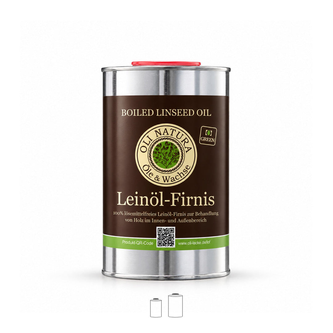 OLI NATURA Leinöl-Firnis im 1-Liter-Weißblechgebinde mit braunem Etikett und rotem Verschluss, frontal vor weißem Hintergrund