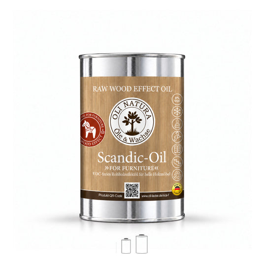 OLI NATURA Scandic-Oil for Furniture im 1-Liter-Weißblechgebinde mit Etikett in Holzoptik, frontal vor weißem Hintergrund