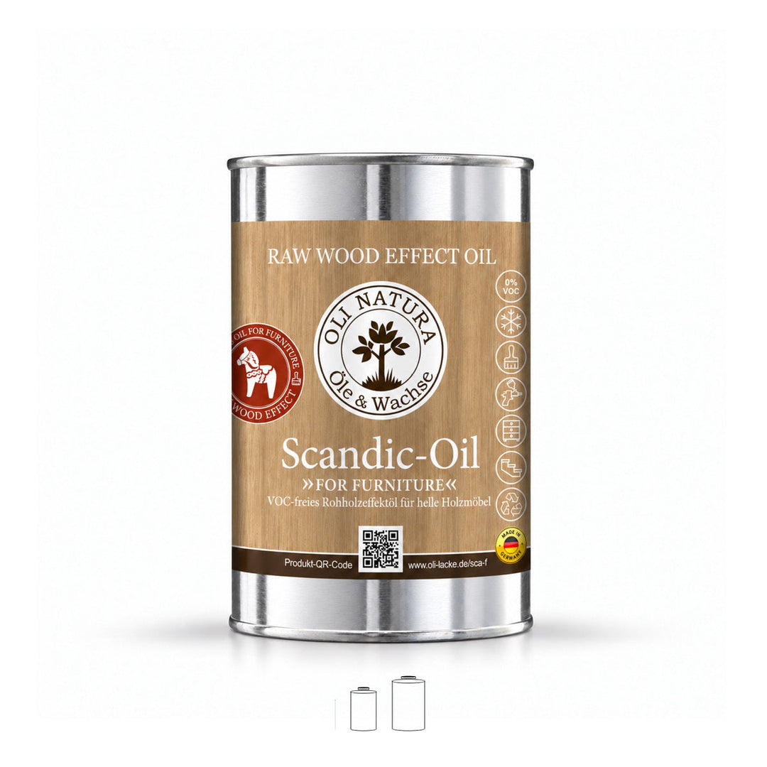 OLI NATURA Scandic-Oil for Furniture im 1-Liter-Weißblechgebinde mit Etikett in Holzoptik, frontal vor weißem Hintergrund