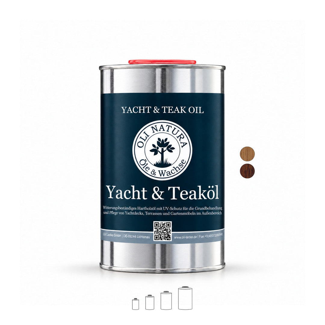 OLI-NATURA Yacht & Teaköl im 1-Liter gibt es in Natur und Teak im Metallgebinde mit blauem Etikett und rotem Deckel auf weißem Hintergrund.