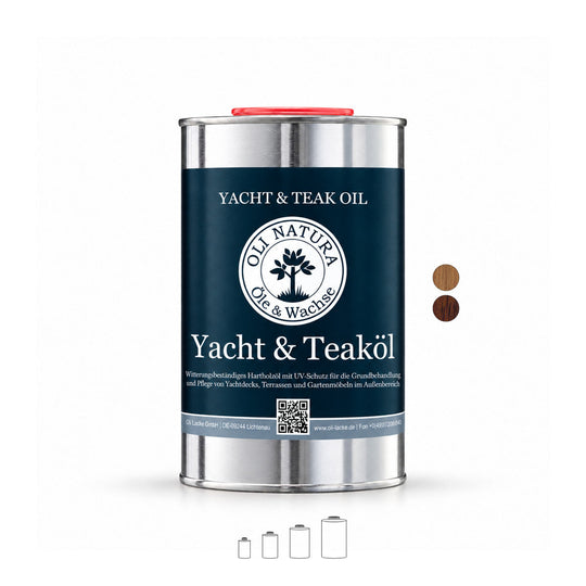 OLI-NATURA Yacht & Teaköl im 1-Liter gibt es in Natur und Teak im Metallgebinde mit blauem Etikett und rotem Deckel auf weißem Hintergrund.