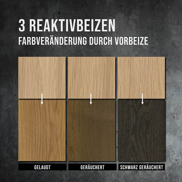 Vorher–Nachher Vergleich: So verändert Reaktivbeize die Farbe von Eiche sichtbar und natürlich.