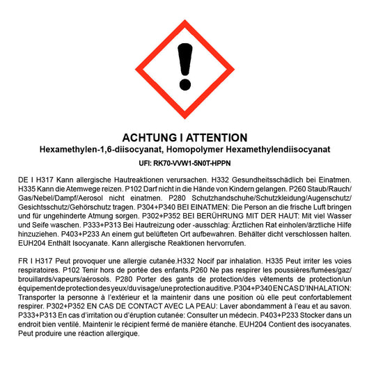 Gefahrenkennzeichnung für OLI-NATURA Hardener mit GHS07-Piktogramm und Sicherheitshinweisen auf Deutsch und Französisch