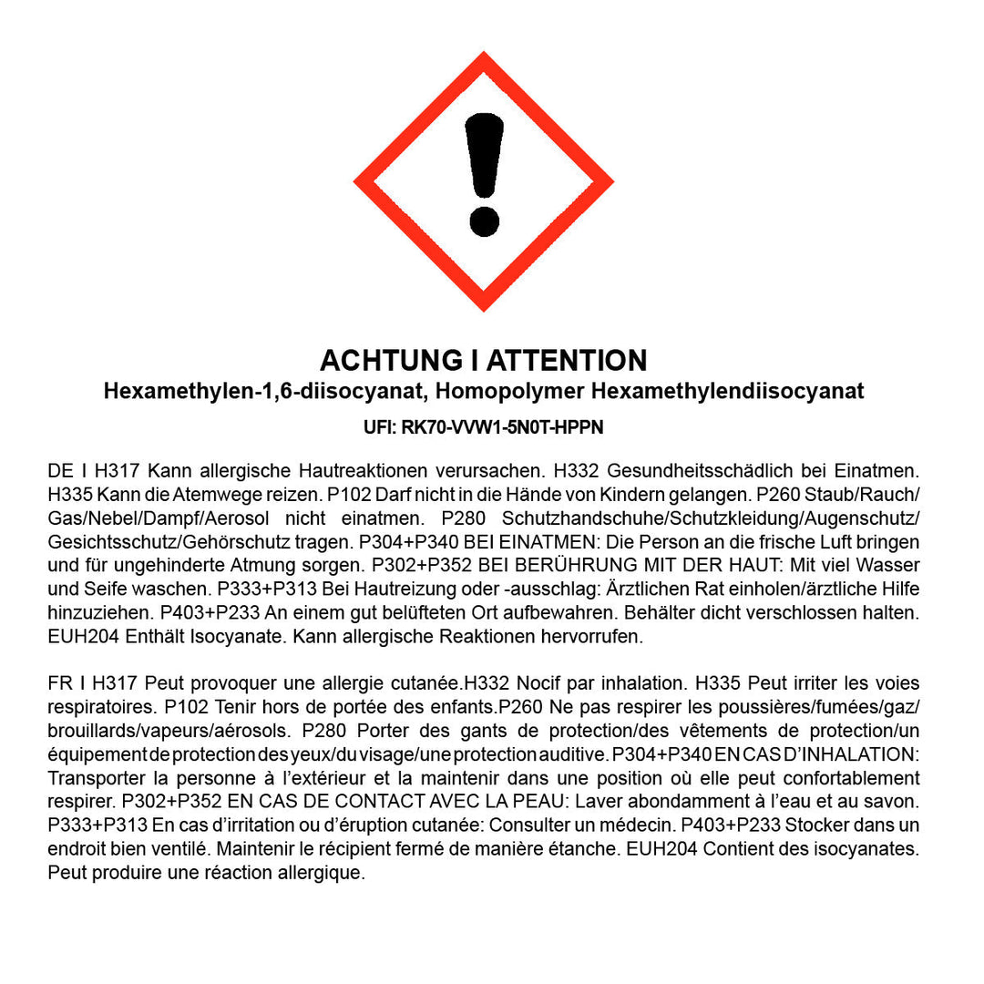 Gefahrenkennzeichnung für OLI-NATURA Hardener mit GHS07-Piktogramm und Sicherheitshinweisen auf Deutsch und Französisch