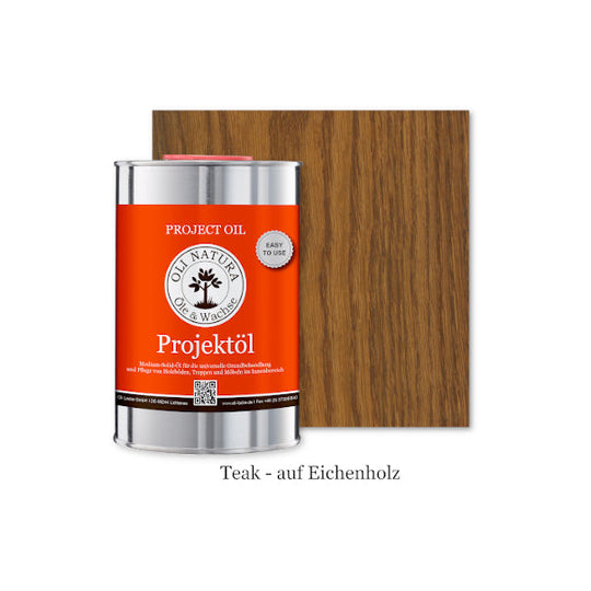 OLI-NATURA Projektöl Teak auf Eichenholz – Farbmuster mit geölter Holzoberfläche und Produktdose.