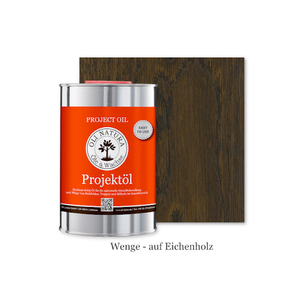 OLI-NATURA Projektöl Wenge auf Eichenholz – Farbmuster mit geölter Holzoberfläche und Produktdose.