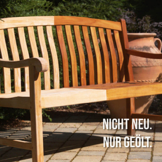 Teak Gartenbank vorher nachher mit Öl behandelt – deutlicher Farbunterschied