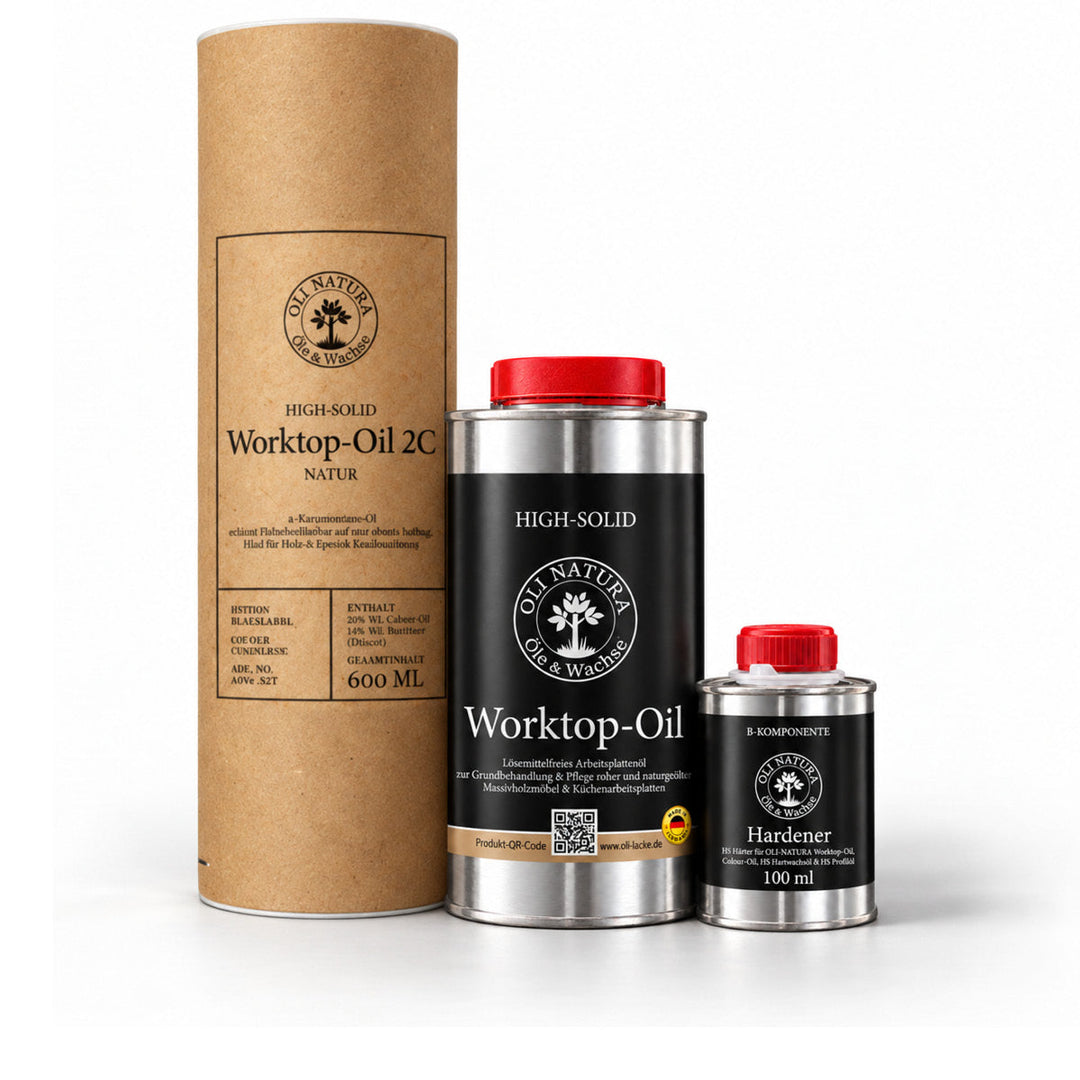Worktop-Oil 2C in farblos Premiumoil BLACKLABEL-Set mit 500 ml Farböl und 100 ml Härter für Holz- und Epoxid-Holzoberflächen, Badmöbel und Tische in Rundhülse von OLI-NATURA.sche