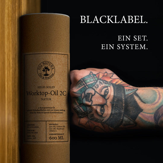 Worktop-Oil 2C BLACKLABEL Set mit 500 ml Öl und 100 ml Hardener für Holz und Epoxidharz