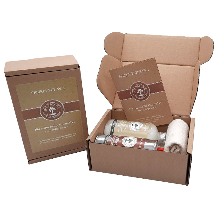 Pflegeset Box von Oli-Natura mit Holzpflegeöl, Holzseife und Ölsaugtuch